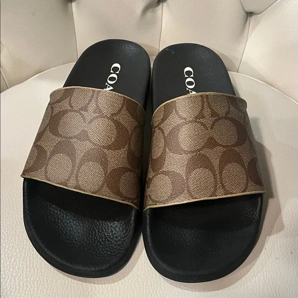 Coach Brown Logo Slide Sandals with Black Footbed - Picture 2 of 8
